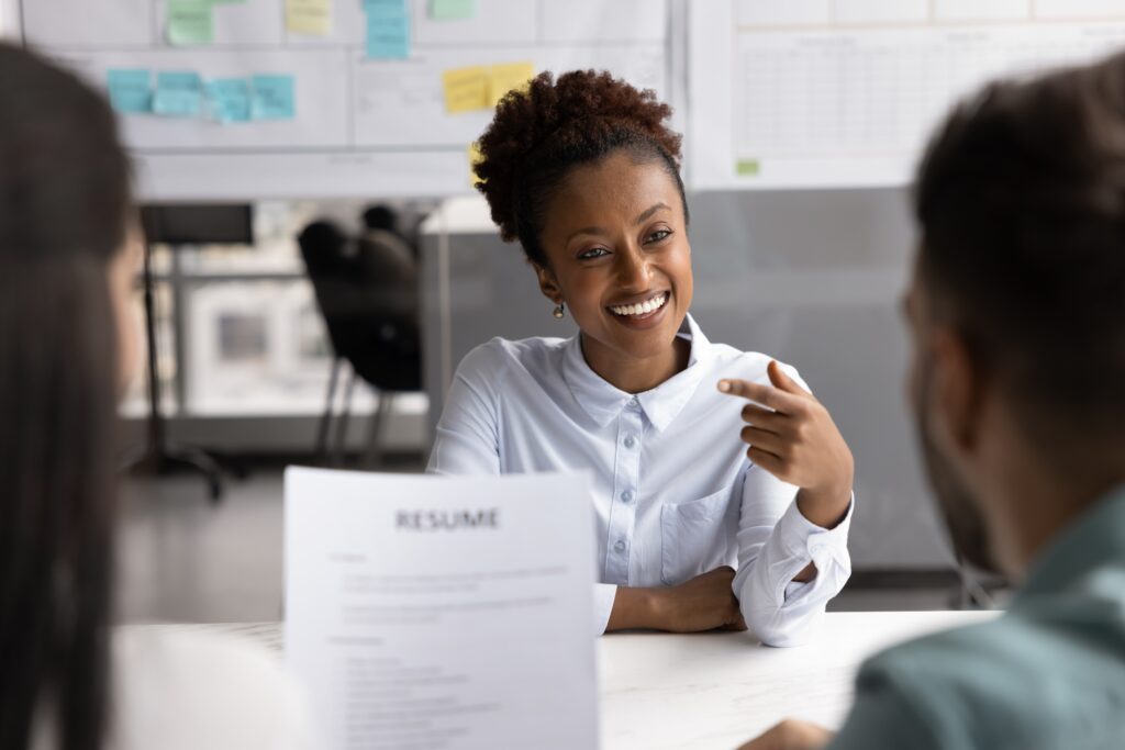 A job seeker smiling during her interview