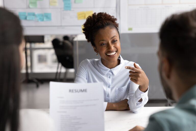A job seeker smiling during her interview