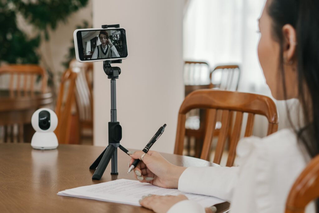 a woman taking part in a video interview