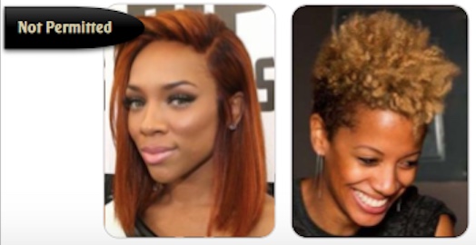 Examples of hair colour that are not permitted.