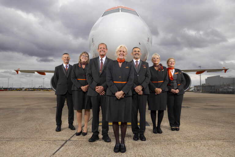easyjet cabin crew standing in front of a plane