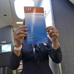 american airlines flight attendant holding up a safety card